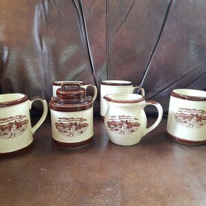 Vintage Transferware Set of Mugs Creamer Sugar Japan Brown Beige Ceramic